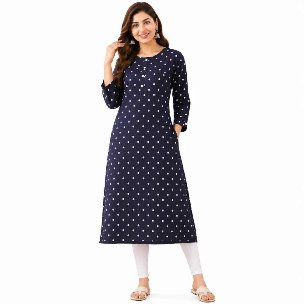 Women's Navy Blue Polka Dot Rayon Straight Kurti with Pocket | Casual Daily Wear