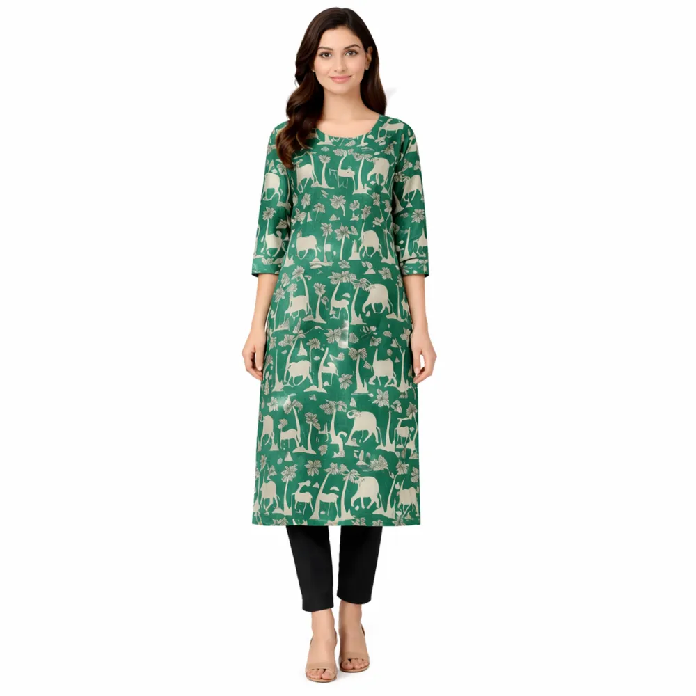 Green Elephant Print Cotton Kurti for Women | Soft Cotton Casual Straight Kurta