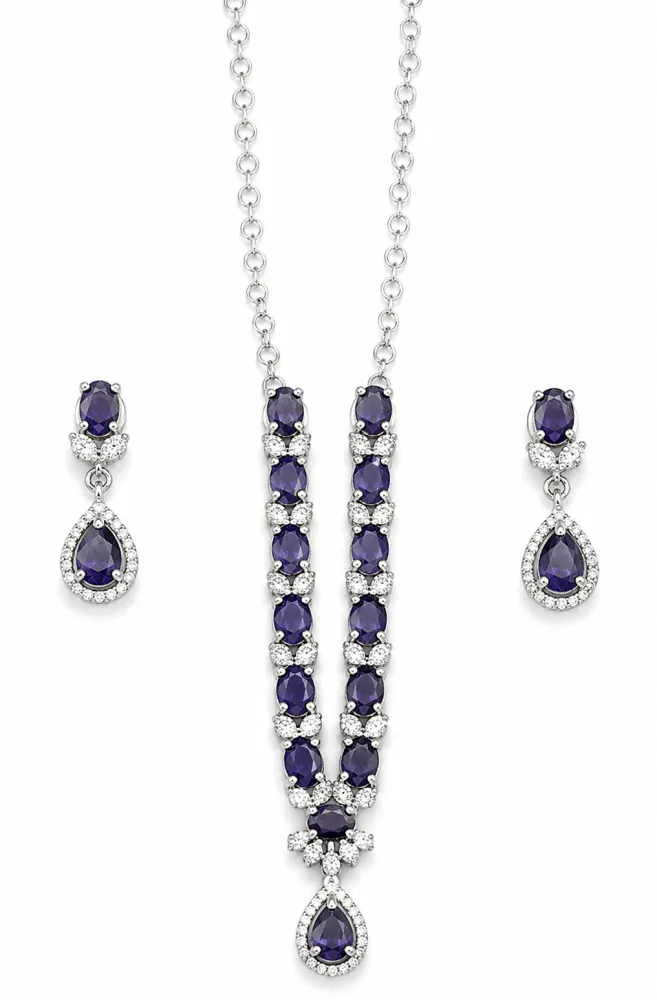 Silver Plated Purple AD Stone Necklace Set with Teardrop Pendant & Matching Earrings