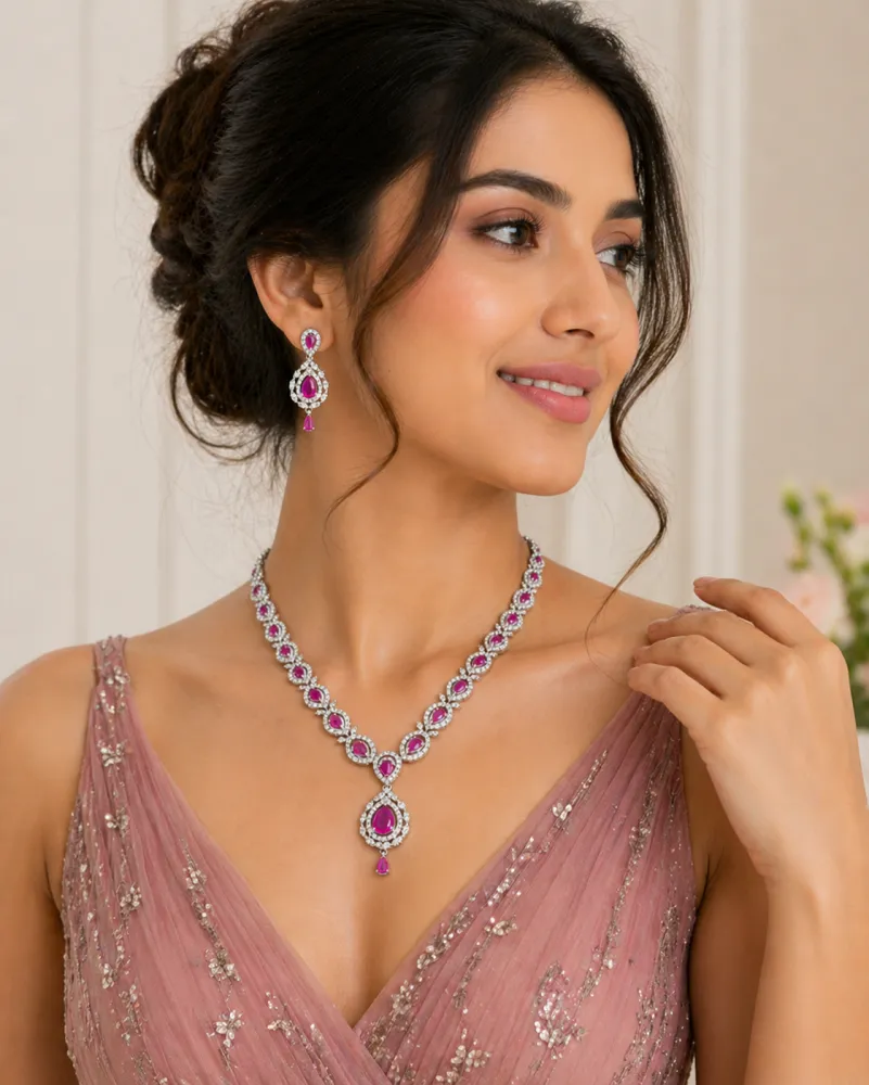 Silver Plated Ruby Pink AD Stone Necklace Set with Teardrop Pendant & Matching Earrings