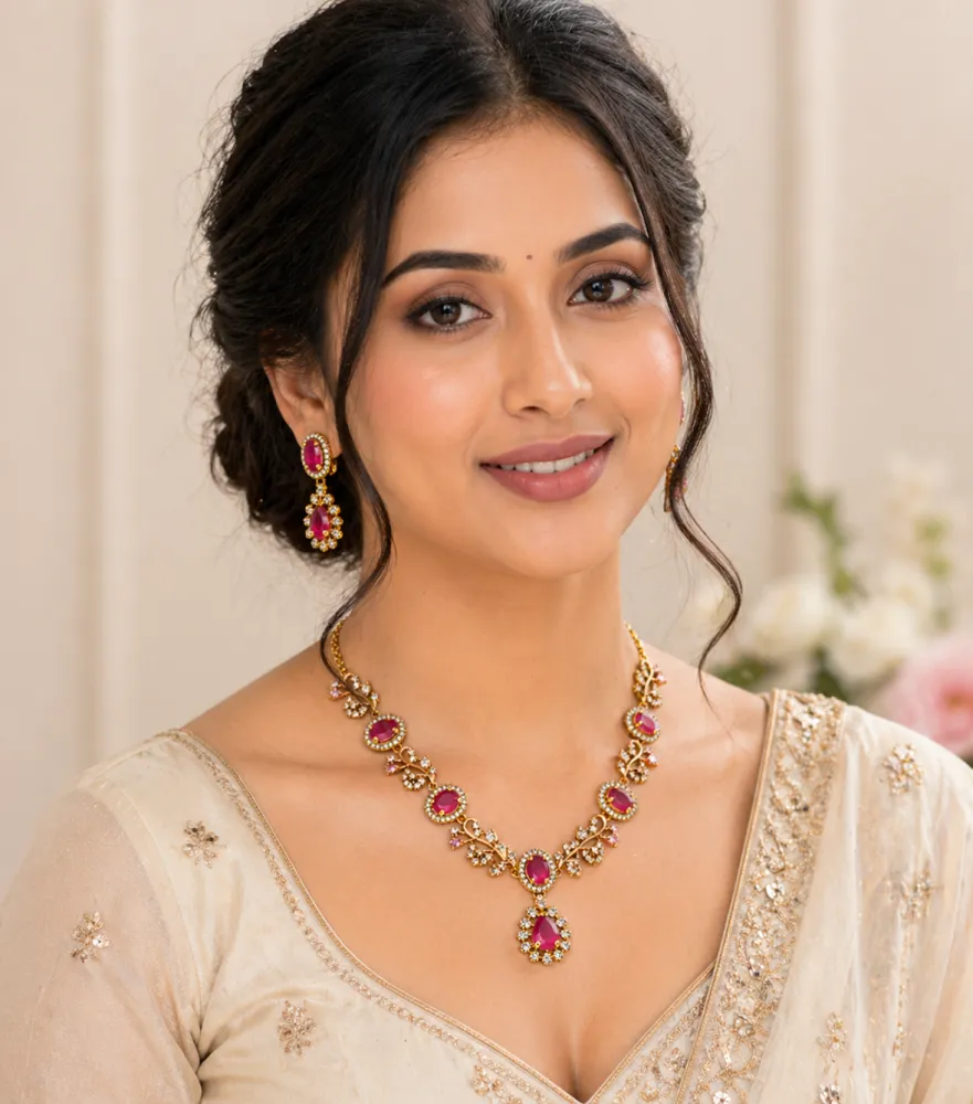 Gold Plated Ruby Pink AD Stone Necklace Set with Matching Drop Earrings