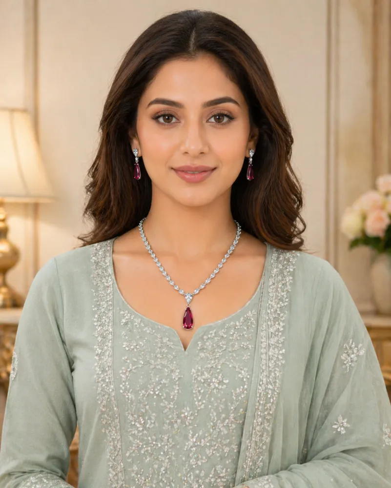 Silver Finish Ruby Red Drop Pendant Necklace Set with Crystal Earrings
