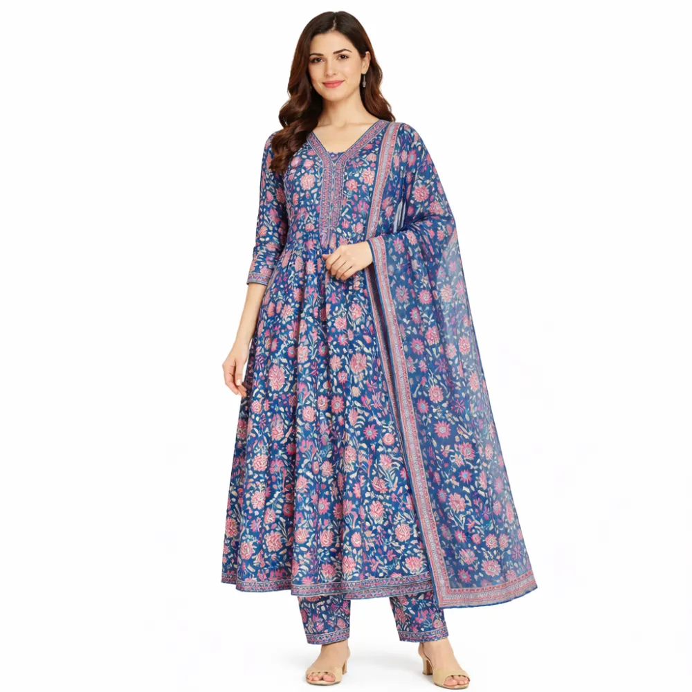 Women's Blue Floral Printed Cotton Blend Anarkali Kurta Pant & Dupatta Set
