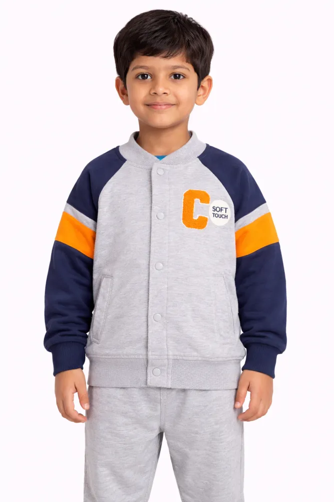 Kids Grey Varsity Cotton Jacket | Full Sleeve Snap Button Sweatshirt | Soft Touch | 3–9 Years