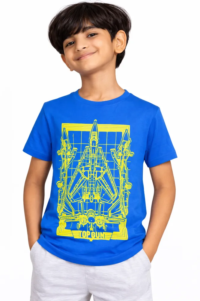 Kids Royal Blue Fighter Jet Graphic Cotton T-Shirt | Soft Casual Half Sleeve Tee | Ages 9–14 Years